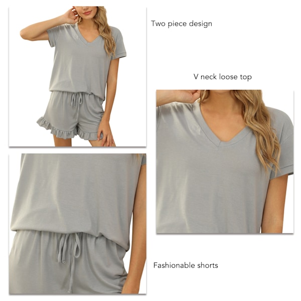 Dam Kortärmad Pyjamas Set Casual V-ringad 2-delat Loungeset med Elastisk Dragsko för Vår Sommar Grå M