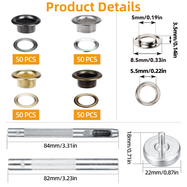 Ögletslagningssats, 200 set 6 mm öljettset med hålslagverktyg, fästverktyg och metallbas, öljetter för tyg, läder, kläder, kanvas hålslag
