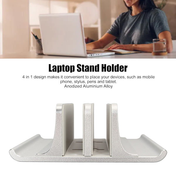 Vertikalt Laptopställ 2 Fack Anodiserad Aluminiumlegering Justerbar Utrymmesbesparande Laptop Hållare för 16 till 60 mm Tjock PC Silverfärg
