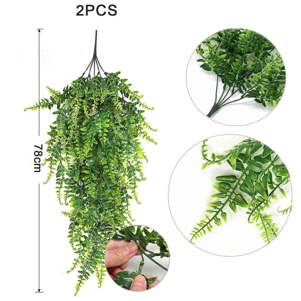 2 st konstgjorda hängande ormbunksrankor, plastmurgröna bladdekoration för inomhus- och utomhusbruk, för vardagsrum, balkong, sovrum