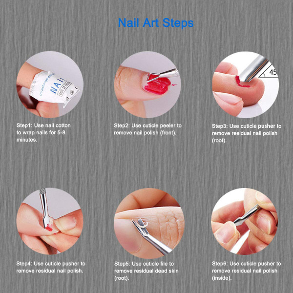 Nagelbands pusher nagellackborttagare rostfritt stål manikyrverktyg set gel nagellackskalare skrapa nagelvårdsstick pedikyrkit för fingernagel och