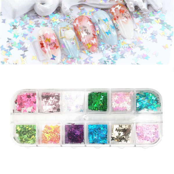 1 lådor fjäril hjärtform nagelkonst glitter paljetter, laser holografisk 3D tunn stjärna hjärta fjäril plommon blomma glitter för alla hjärtans dag nagel