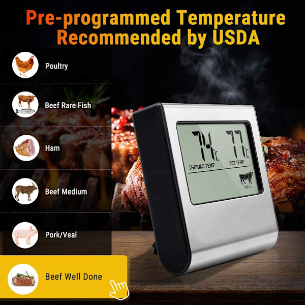 Snabbavläst Matlagnings Termometer, Exakt Digital Timer med Rostfri Sond för Grillning av Kött, BBQ, Vatten Mjölk Vin Vätska, Magnetisk