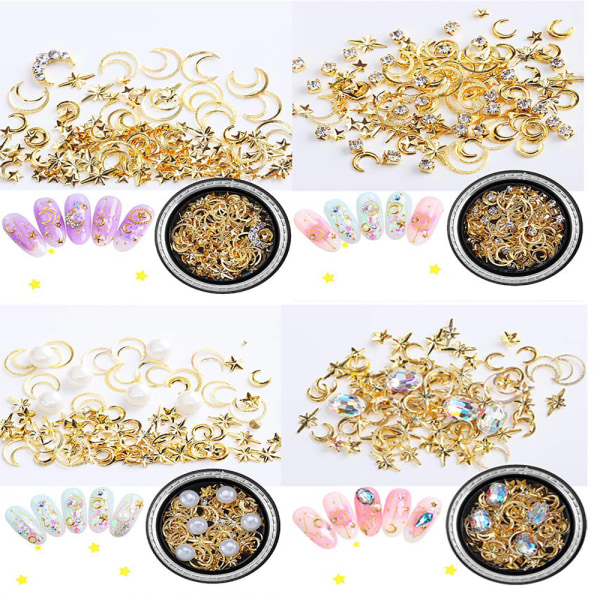 3D Nail Art Metall Charms Nitar för Kvinnor Dekoration Tillbehör 6 st Guld Stjärna Måne Design Nail Art Juveler Dekal Fingernaglar & Tånaglar Dekorationer