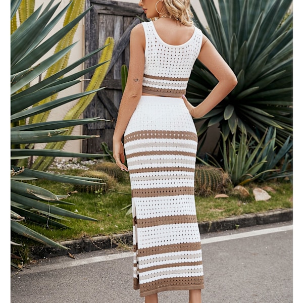 Linne och kjol set randigt hög midja slitslimmad ihålig design dam ärmlös 2-delad outfit för strand vardag khaki M