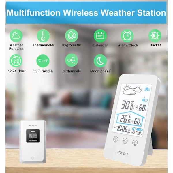 Väderstation med digital hygrometer, inomhus utomhus termometer, omfattande hälsoskydd, väckarklocka med justerbar bakgrundsbelysning för enkel användning