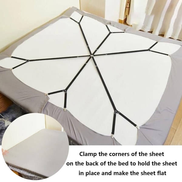 Lakanfästesset för perfekt instoppade lakan, justerbara elastiska lakanhållarband med triangulär design, halkfria klämmor för full till king size