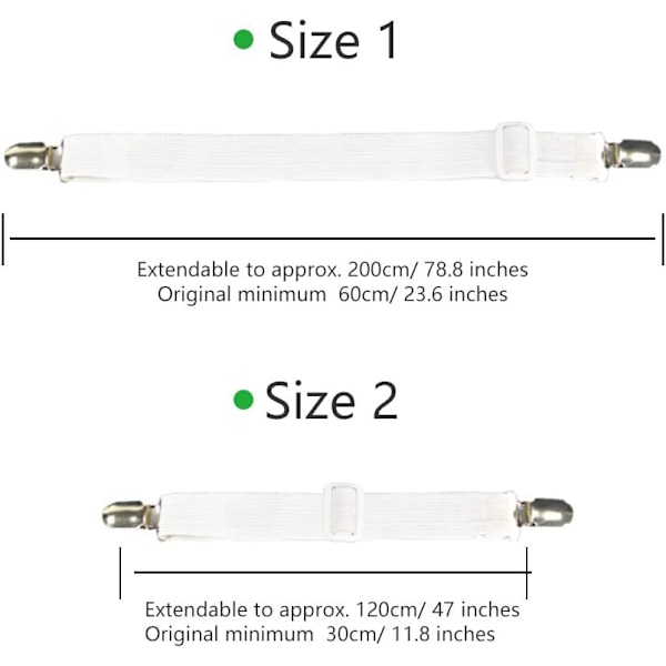 Lakanhållare för fast grepp, fullt justerbara elastiska lakanfästen med slitstark vit nylon, perfekt för att hålla lakan på plats utan