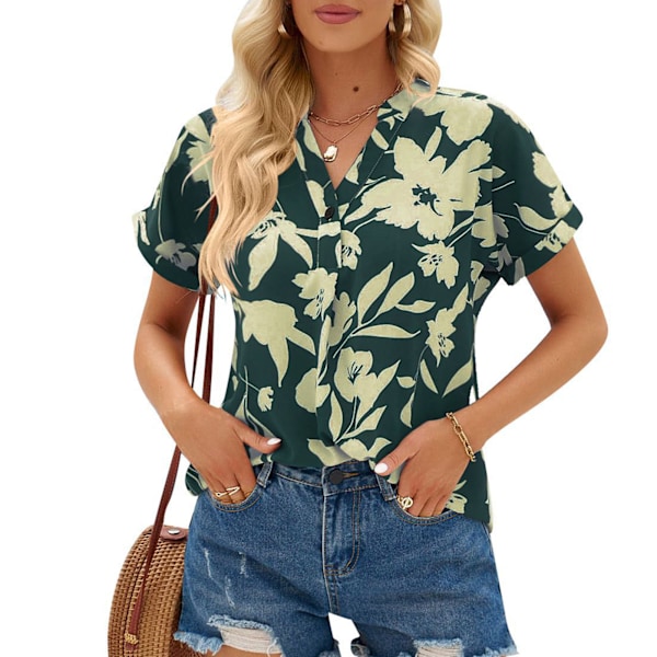 Dam V-ringad Topp Polyester Lös Kortärmad Blomma Tryckt Trendig Sommarblus för Shopping Dejting Grön XXL
