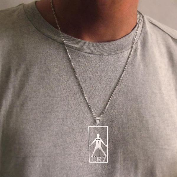 CR7 fotbollsstjärna hänge halsband, Champions League rostfritt stål etikett halsband, O-kedja, unisex, fan smycken present (silver)