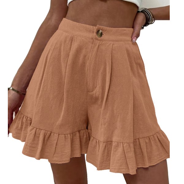 Sommarshorts för kvinnor, knappstängning, volangkant, vida ben, avslappnade shorts för vardagsbruk, Khaki XXL