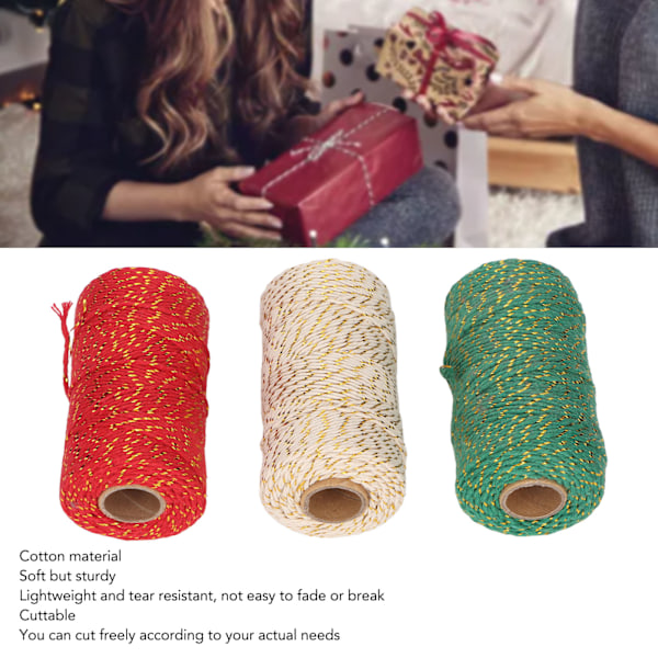 3 Rullar Julsnöre 2mm Diameter Varje 100m Längd Klippbar Lätt Present Snöre Sträng för DIY Förpackning