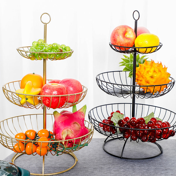 Fruktkorg 3-vånings Metall Fruktkopp Grönsaksfrukt Skål Fruktkaka Displayställ Kompatibel Med Köksbord Dekoration Frukt Trådhylla Förvaring Ra Black