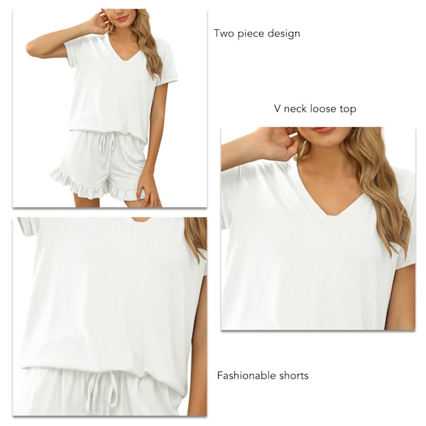 Dam Kortärmad Pyjamas Set Casual V-ringad 2-delat Loungeset med Elastisk Dragsko för Vår Sommar Vit L