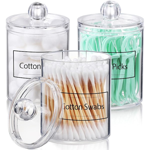 2-pack Qtip-hållare dispenser för bomullstuss, bomullspinne, runda bomullsdynor, tandtråd - 10 oz genomskinlig apotekarburk i plast för