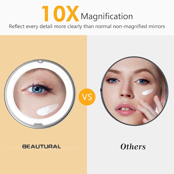 10X Förstoringssminkspegel med Ljus, 360 Graders Rotation, Integrerad Låsande Sugkopp För Säker Fästning, Perfekt För Felfri Makeup