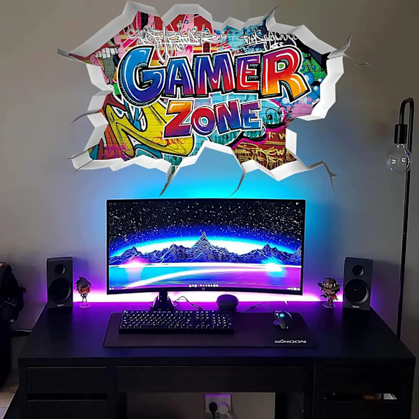 3D väggtatuering gamer, 86 x 52 cm, färgglad spelposter, väggtatuering för barnrum, pojke tonåring, modern gamer väggbild för sovrum, video