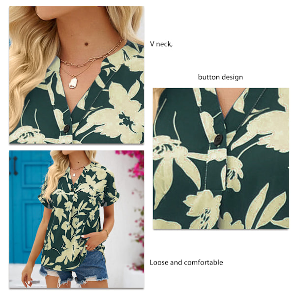 Dam V-ringad Topp Polyester Lös Kortärmad Blomma Tryckt Trendig Sommarblus för Shopping Dejting Grön XXL