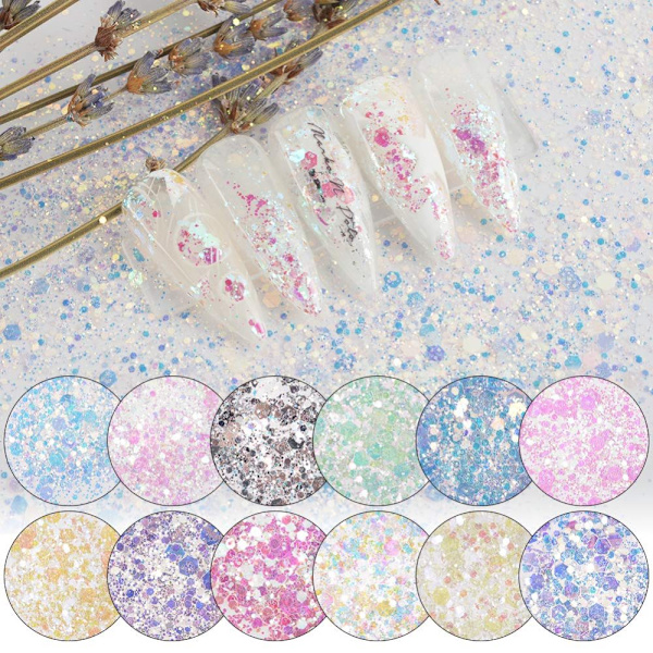 Nagelkonst Glitter Chunky Paljetter Iridescent Mermaid Flakes Ultra-tunna Spetsar Färgglada Blandade
