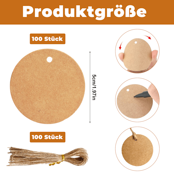 Paket med 100 bruna presentlappar med 100 stycken 25 cm jutesnöre, 5 cm diameter kraftpappersetiketter, runda hängande lappar för presentinslagning, bröllop, konst
