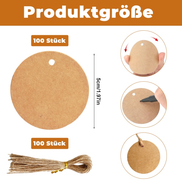 Paket med 50 kraftpappersetiketter, runda kraftpappersetiketter med 5 cm diameter, presentetiketter med 10 m jutesnöre för inslagning av presenter, bröllop, fester