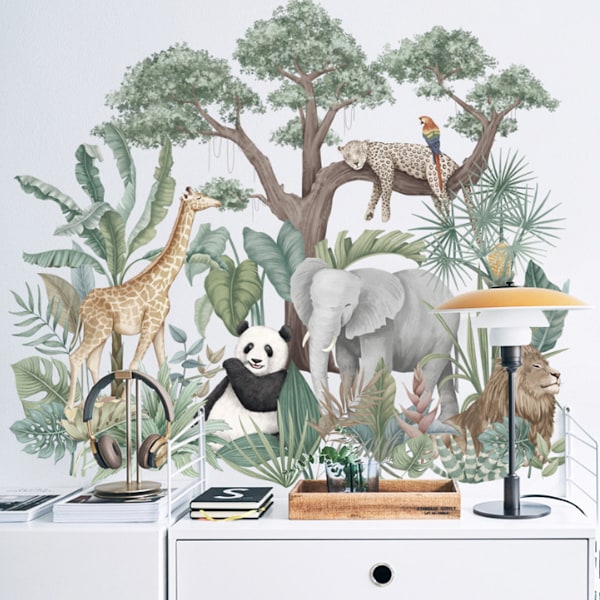 Djungel djur väggdekaler för barn, elefant giraff panda gröna växter barn tapet dekaler för baby sovrum plantskola vardagsrum dekoration