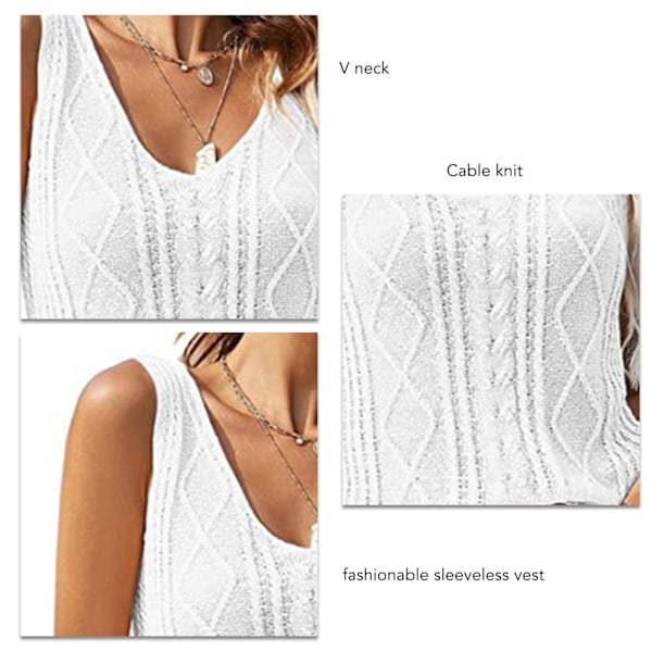 Ärmlös Kabelstickad Tanktopp V-ringning Enfärgad Kabelstickad Tank T-shirt för Kvinnor Dejting Vit L