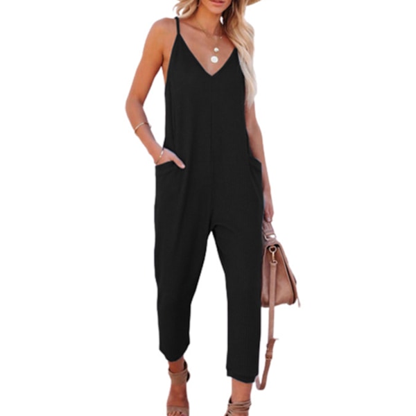 Lös Ärmlös Jumpsuit Spaghettiband Våfflad V-ringad Långbyxdräkt med Sidoficka för Dam L Svart