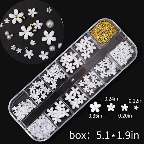 3D Blommiga Nagelkonst Berlocker Set Glitter Vita Blommor Pärla Nagelkonst Gyllene Kaviar Pärlor Nagel Dekoration Akryl Nagelkonst Stud Nagel Tillbehör Verktyg