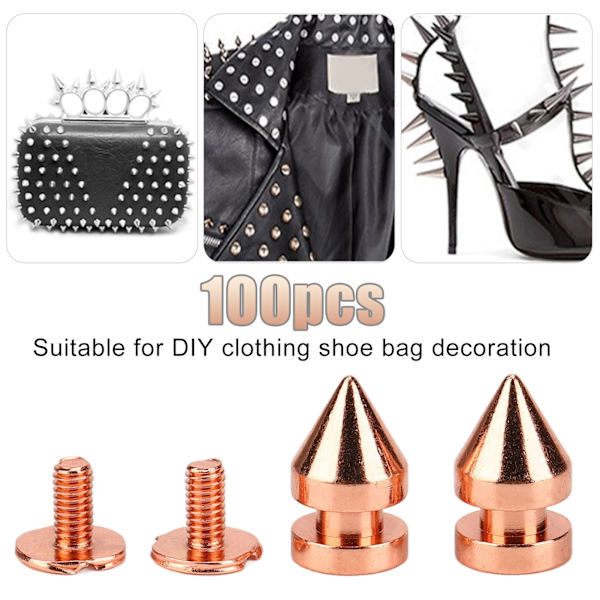 100 Set Spikade Koner Spikade Dubbar Roséguld Hög Hårdhet Skruv Bak Dubbar Spikar Kit för DIY Kläder Väskor Skor 8x13.5mm