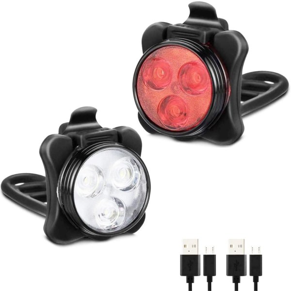 LED-cykellampset batteri avtagbar, regnsäker och uppladdningsbar via USB, 5 blinkande lägen, 2 USB-kablar, LED set Zündapp, cykellampa