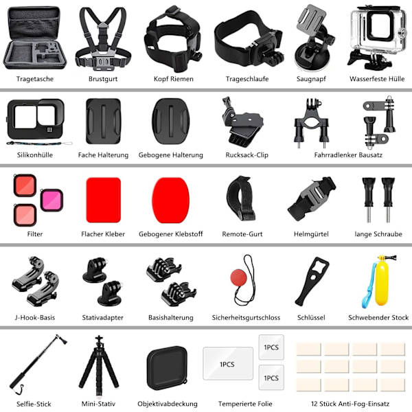 Tillbehörsset Kit Bundle för GoPro Hero 10 / Hero 9 Black, oGoDeal Vattentätt Skyddande Fodral Snorklingstillbehör Cykelfäste Selfie Pole Head