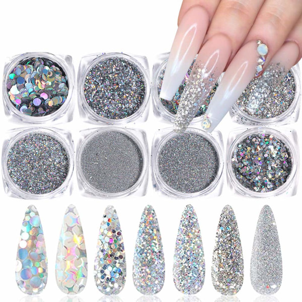 Holografiska nagelglitter-paljetter, nagelkonsttillbehör, 3D-nagelglitterflingor, glänsande akrylnaglar, pulverdamm, silvernagelglitterset för nagelkonst