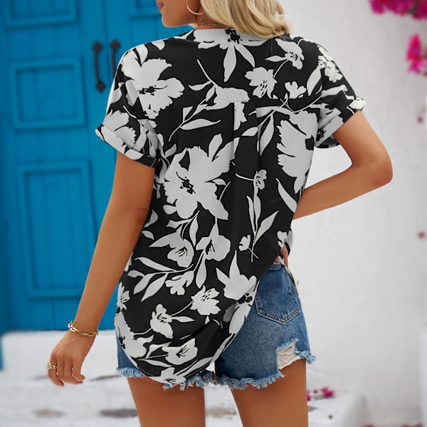 Dam V-ringad Topp Polyester Lös Kortärmad Blommönstrad Trendig Sommarblus för Shopping Dejting Svart S