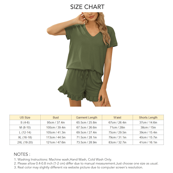 Dam Kortärmad Pyjamas Set Casual V-ringad 2-delat Loungeset med Elastisk Dragsko för Vår Sommar OD Grön XL