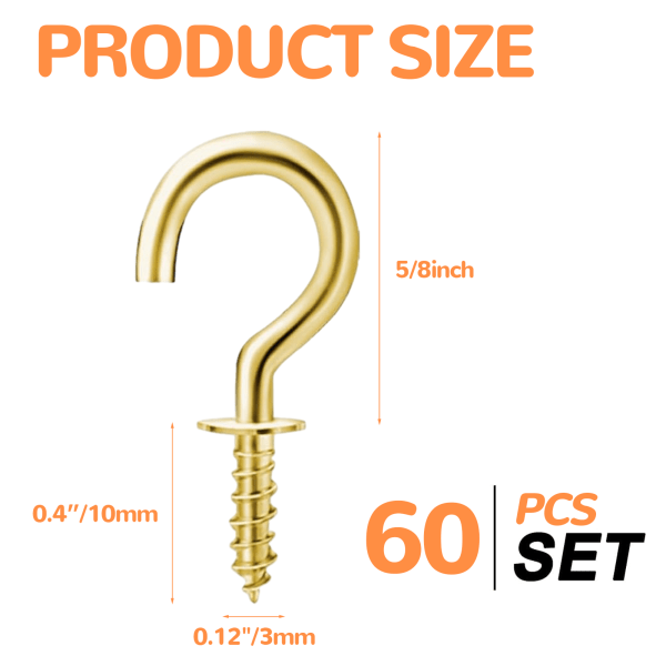 60 st kopparpläterade skruvöglor, 5/8 tum metallkrokar för tak, skruvöglor, skruvbara koppkrokar för upphängning av små koppar
