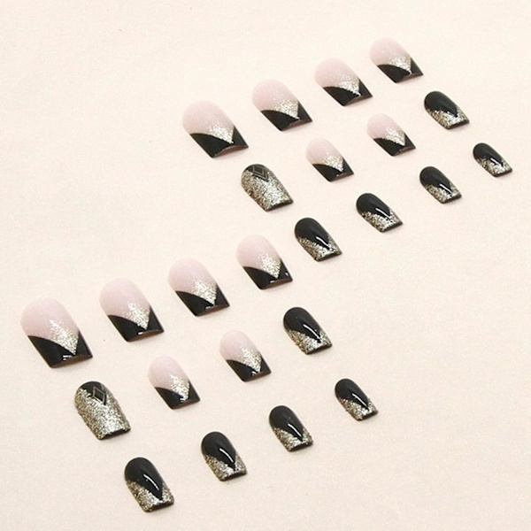 24 st falska naglar - Almond Square Press on Nails - Full Cover Akryl Falska Naglar Med Lim - Franska Falska Naglar Stick on Nails (Svart Guld)
