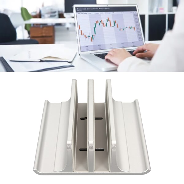 Vertikalt Laptopställ 2 Fack Anodiserad Aluminiumlegering Justerbar Utrymmesbesparande Laptop Hållare för 16 till 60 mm Tjock PC Silverfärg
