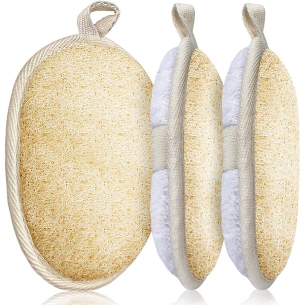 3-pack exfoliating loofah svampar, stora 5”x 7” - 100 % naturliga luffa- och frottématerial, premium loofah svamp skrubber kroppshandske nära