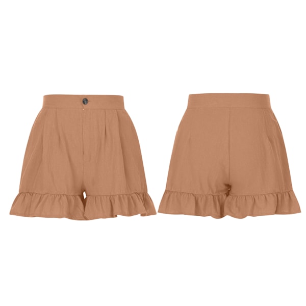 Sommarshorts för kvinnor, knappstängning, volangkant, vida ben, avslappnade shorts för vardagsbruk, Khaki XXL