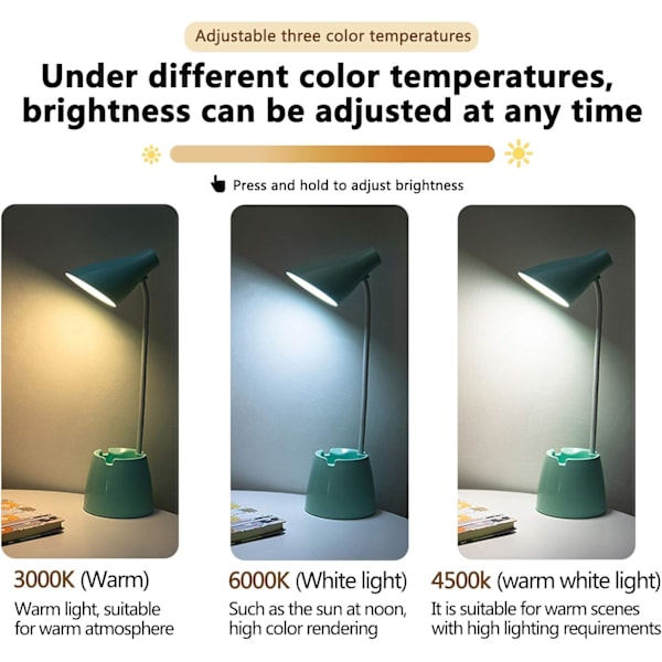Skrivbordslampa, LED-bordslampa 3 belysningslägen och touchsensor, 360° roterande skrivbordslampa med dimbar intensitet för läsning, studier, arbete (Grön)