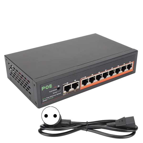 PoE Switch 8 Portar 10/100Mbps 90W RJ45 Adaptiv Port LED-indikator Aluminiumlegering 8 Portars PoE Switch EU-kontakt