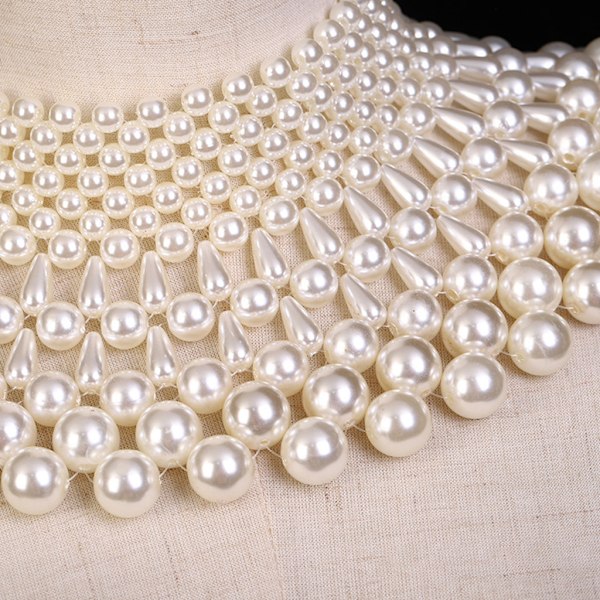 Bröllopsklänning Statement Halsband Fanshaped Pearl Beaded Bib Choker Collar Sjal