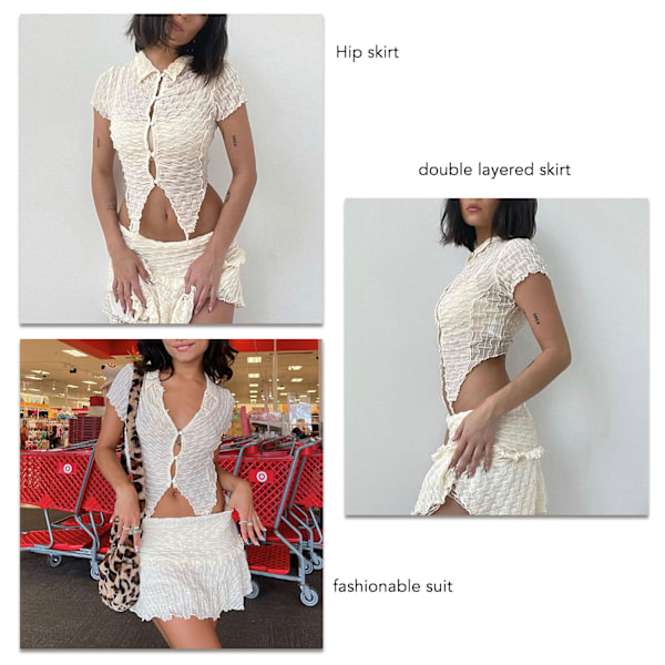 Transparent Textur Topp Kjolk Set Enfärgad Dubbla Lager Nedvikt Krage Knäppning Fram Transparent Topp Kroppsnära Kjolk Aprikos M