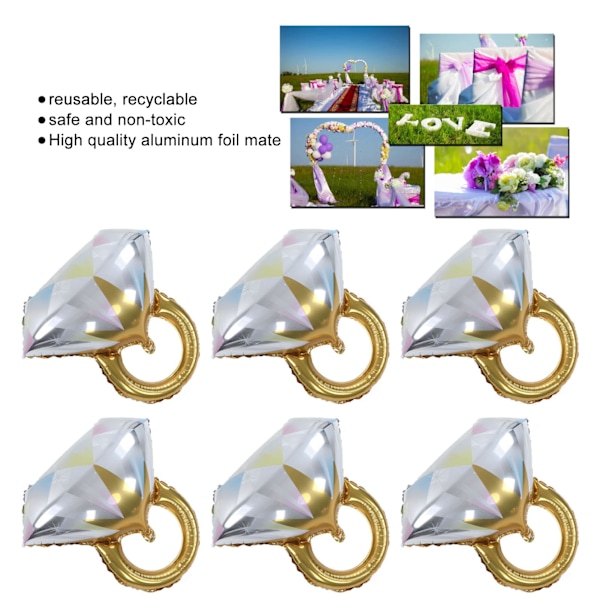 6 st Diamant Ring Ballonger Aluminiumfolie Sfäriska Diamant Ring Ballonger Bröllopsdusch Bröllop Förlovning Dekorativa Ballonger Guld