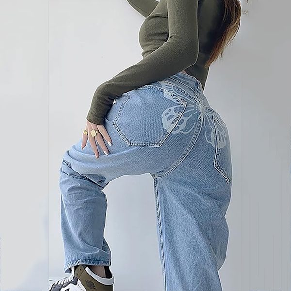 Hög midja Boyfriend Jeans för kvinnor 90-tal Y2K Fjärilstryck Bred rak ben Blå byxor Jeans (XXL)