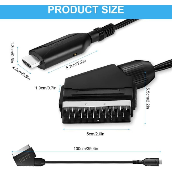 Scart till HDMI-adapter, Scart till HDMI-omvandlare med HDMI-kabel, Scart till HDMI-omvandlare, för Full HD TV 720P/1080P, Ljudvideo för Sky
