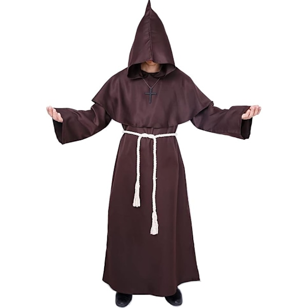 Munkdräkt, medeltida klostermunk med huva, renässanspräst, kappa, dräkt, Halloween och kostym brown M brown M
