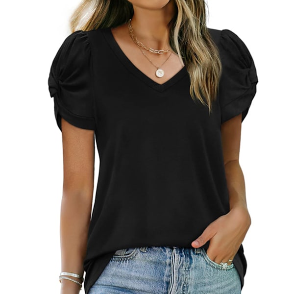 Dam T-shirt V-ringning Kortärmad Vriden Design Enfärgad Casual Topp för Hemresa Svart XXL