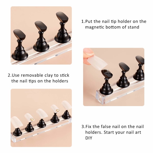 4 set akryl nageldisplayställ nagelspetshållare magnetisk nagelövningsställ fingernagel DIY nagelkonstställ för falsk nagelspets manikyrverktyg (svart,